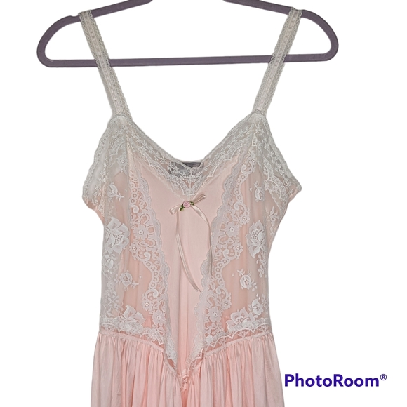 Vintage Diane Von Furstenberg Lingerie Medium Pink Nylon Lace Nightgown Midi - Picture 3 of 14